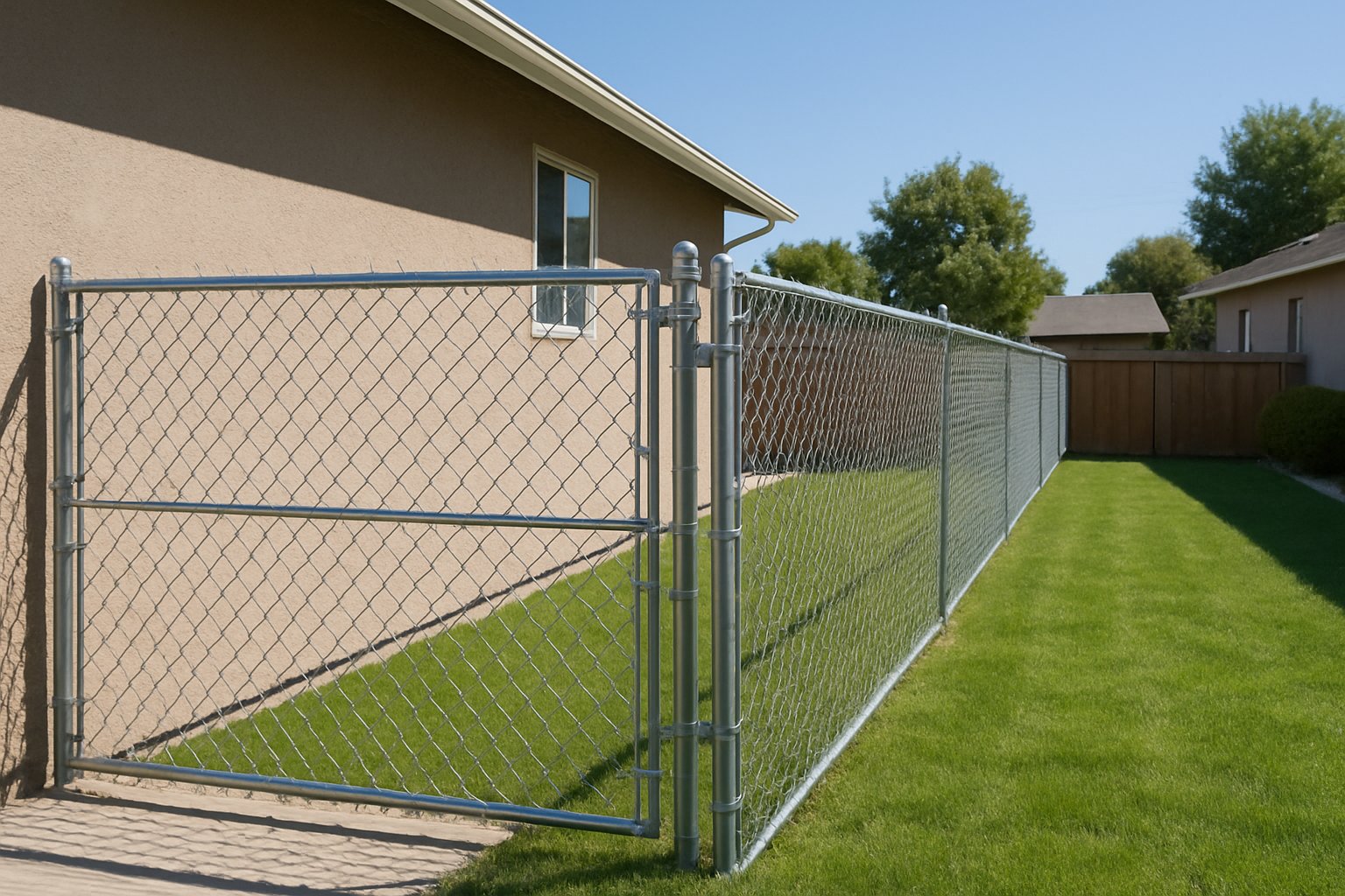 New galvanized chain-link fence around a tidy yard