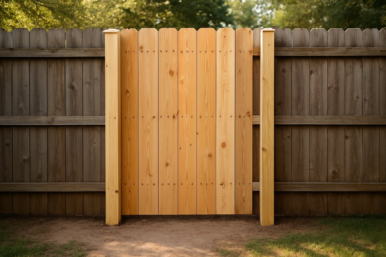Straight repaired wood fence section with new posts
