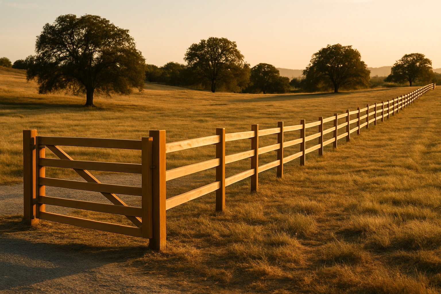 Post and rail ranch fencing across a California property
