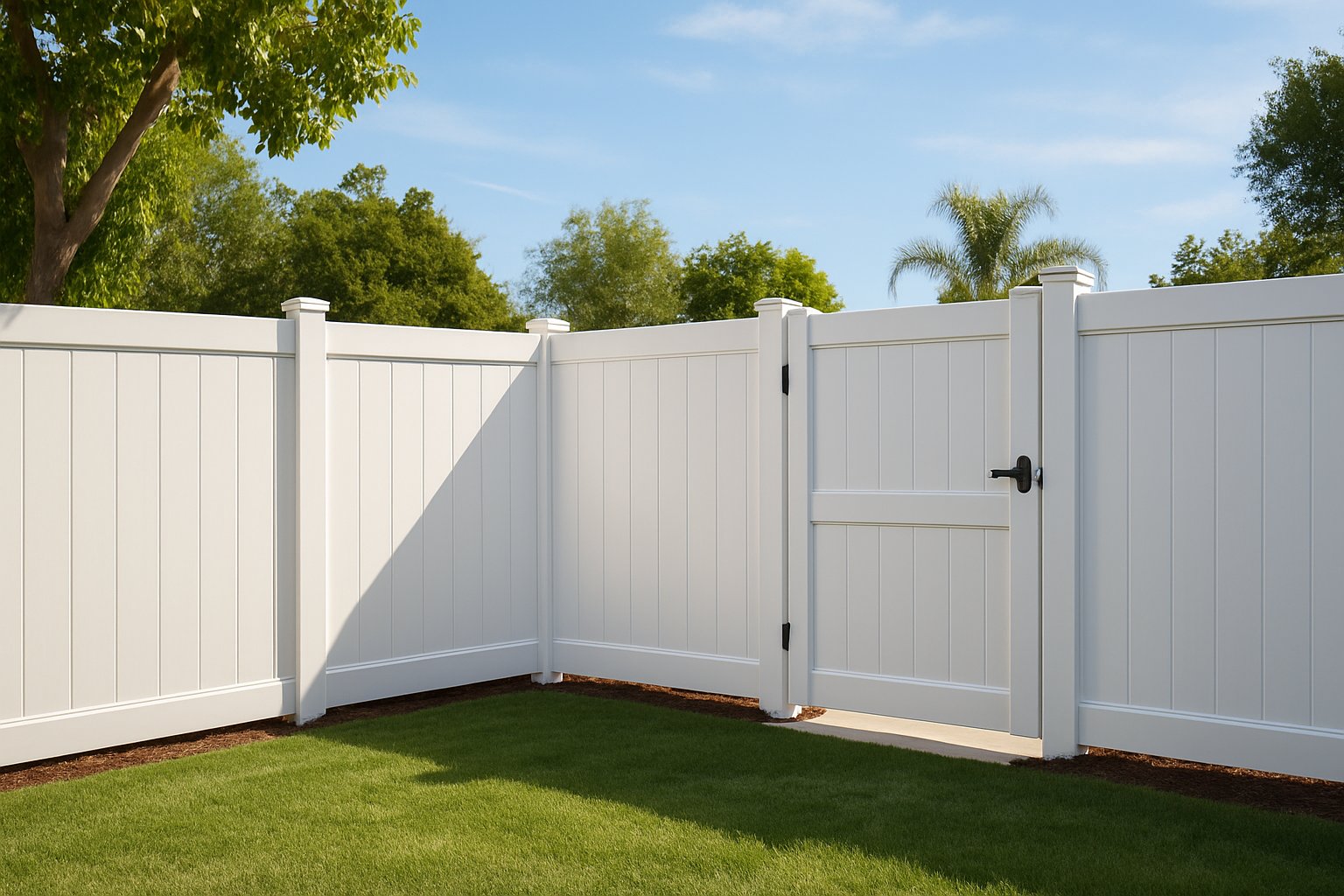 Clean white vinyl privacy fence in a California backyard