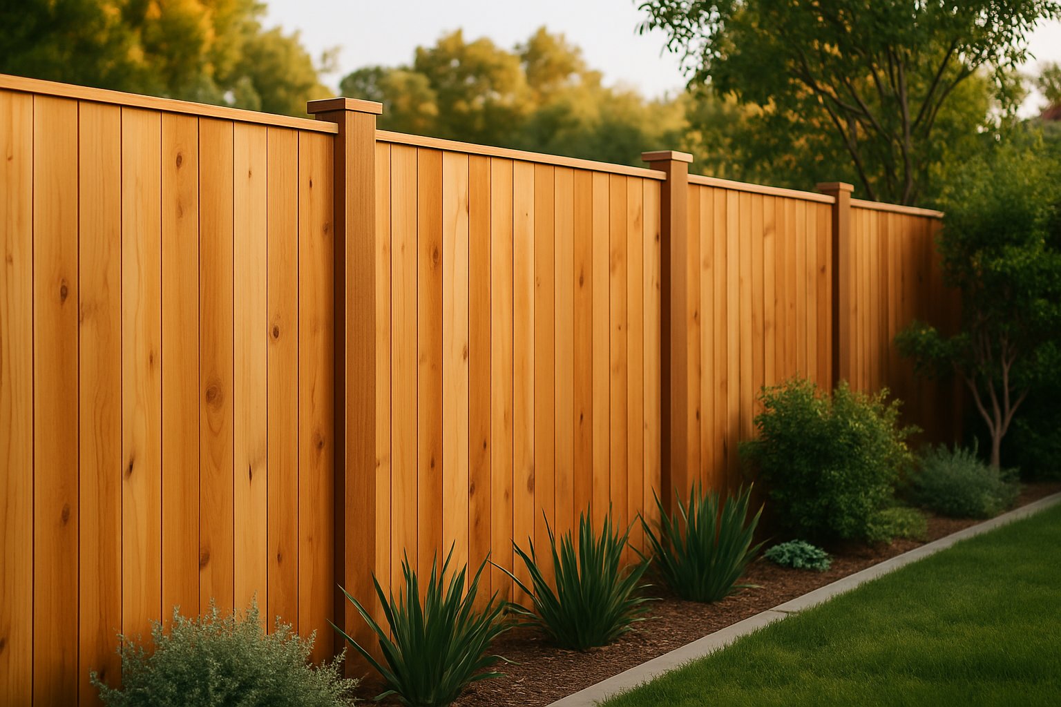 New cedar privacy fence along a landscaped backyard